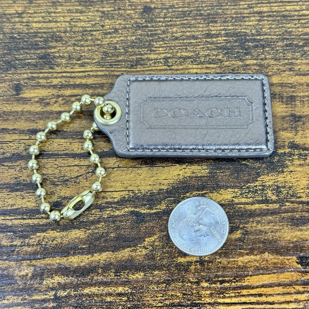 Coach Metallic Bronze Leather Hangtag‎ Keychain Gold Ball Chain Bag Charm
